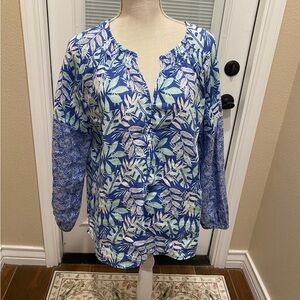 Sigrid Olsen Leaf Print Blouse in Blue and White
